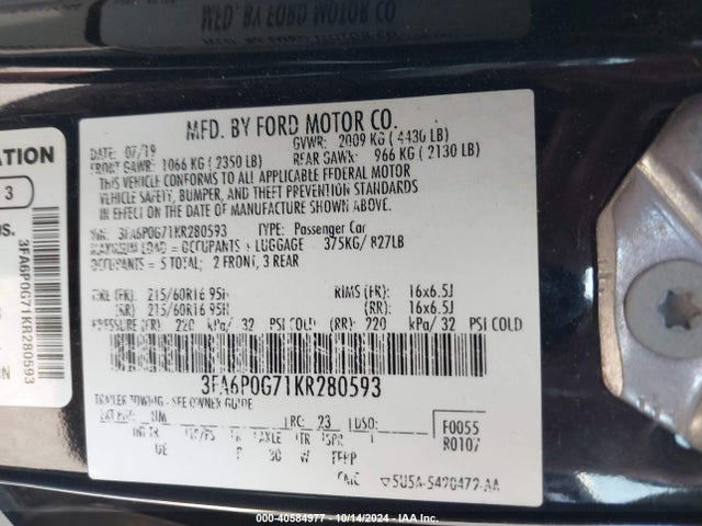 Ford FUSION S 2019 3FA6P0G71KR280593 Image 9