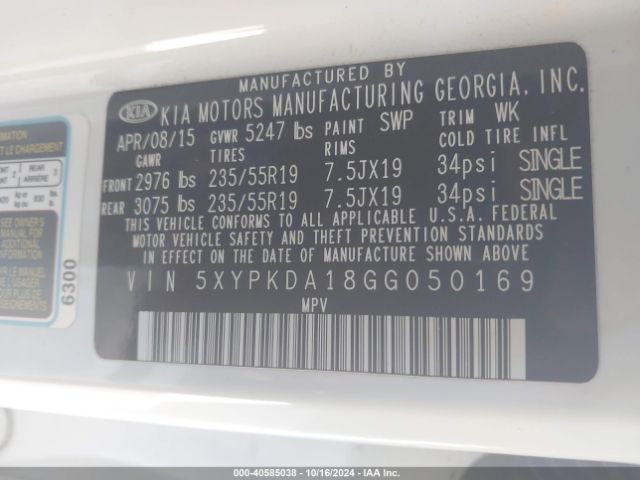 5XYPKDA18GG050169 KIA Sorento 2.0t Sxl