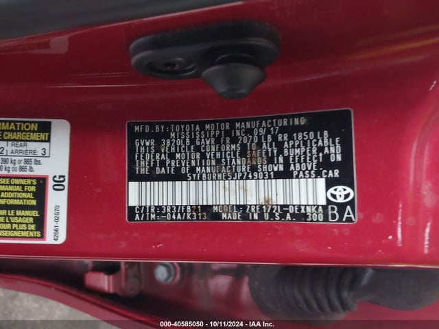 Toyota COROLLA LE 2018 5YFBURHE5JP749031 Image 9