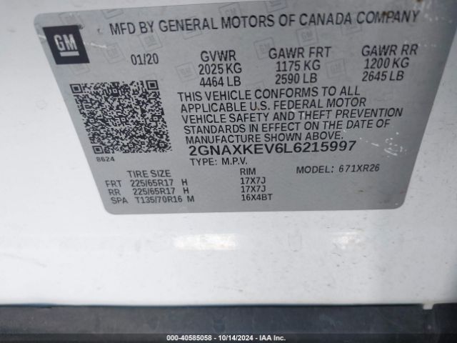 2GNAXKEV6L6215997 Chevrolet Equinox Fwd Lt 1.5l Turbo