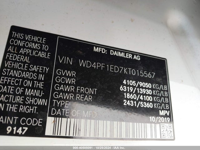 WD4PF1ED7KT015567 Mercedes-Benz Sprinter 2500 High Roof I4