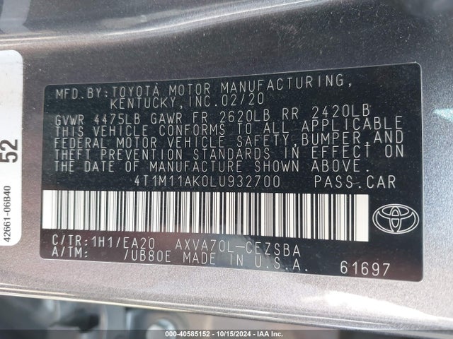 Toyota CAMRY SE 2020 4T1M11AK0LU932700 Image 9