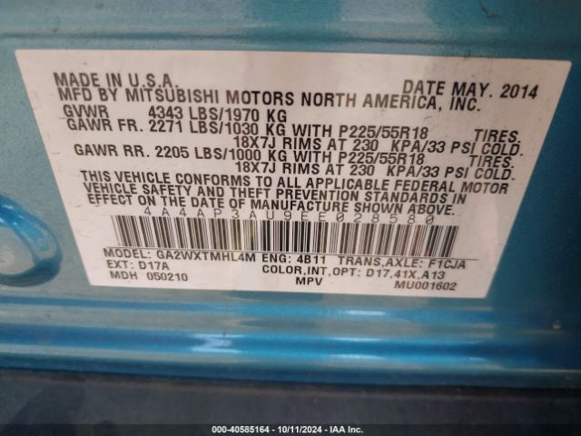 4A4AP3AU9EE028580 Mitsubishi Outlander Sport Es