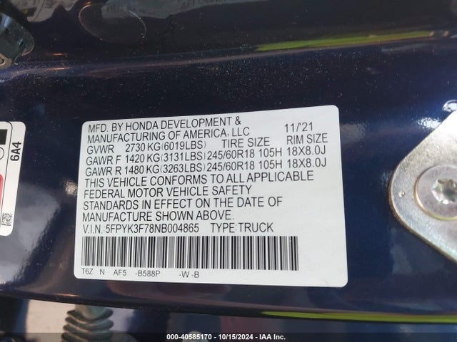 Honda Ridgeline Rtl-e 2022 5FPYK3F78NB004865 Image 9