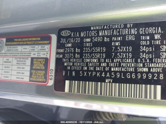 5XYPK4A59LG699928 KIA Sorento 3.3l Sx