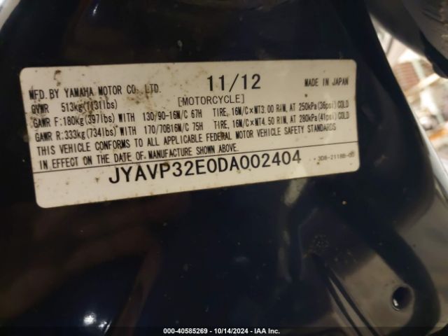 2013 YAMAHA XVS1300 JYAVP32E0DA002404 Photo 9