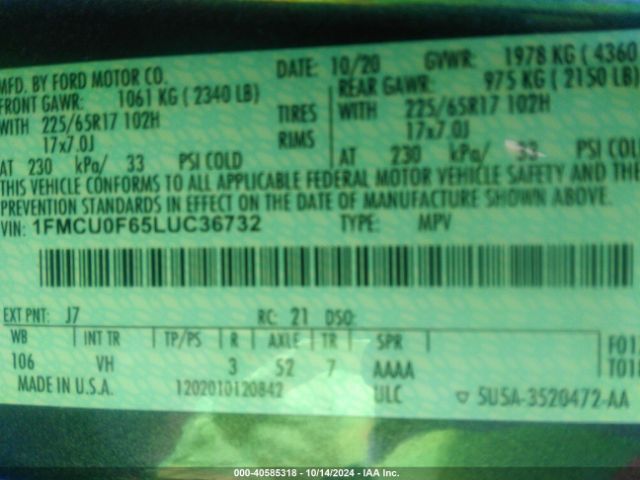 1FMCU0F65LUC36732 Ford ESCAPE S