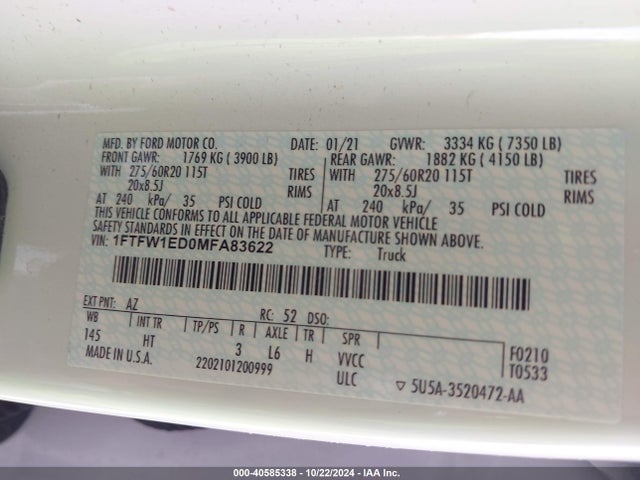 Ford F-150 Lariat 2021 1FTFW1ED0MFA83622 Image 9