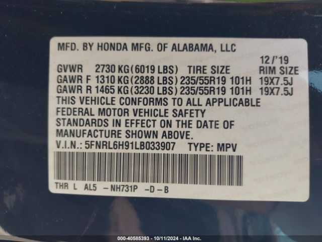5FNRL6H91LB033907 Honda Odyssey Elite