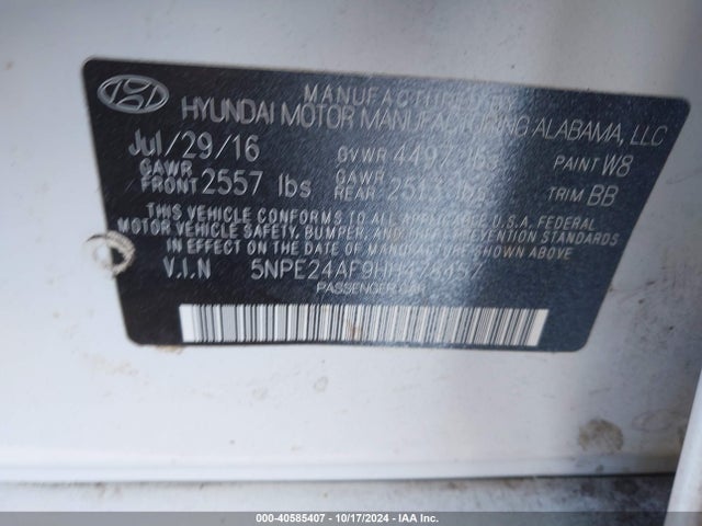 Hyundai Sonata 2017 5NPE24AF9HH478457 Image 9