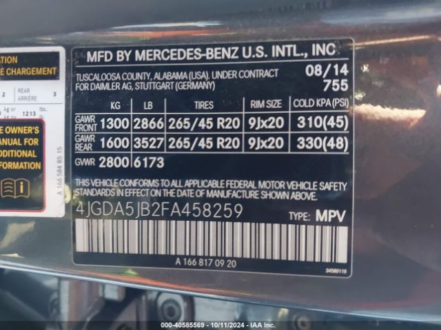 4JGDA5JB2FA458259 Mercedes-Benz ML 350