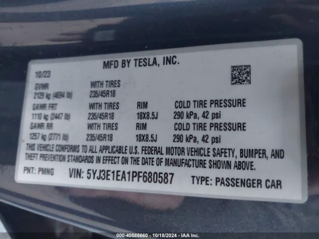 5YJ3E1EA1PF680587 Tesla Model 3 Rear-wheel Drive