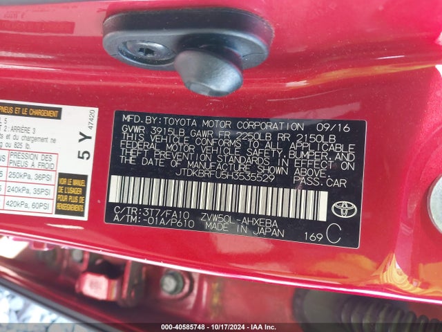 Toyota Prius Two 2017 JTDKBRFU5H3535529 Image 9