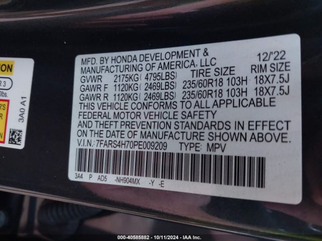 7FARS4H70PE009209 Honda Cr-v Ex-l Awd