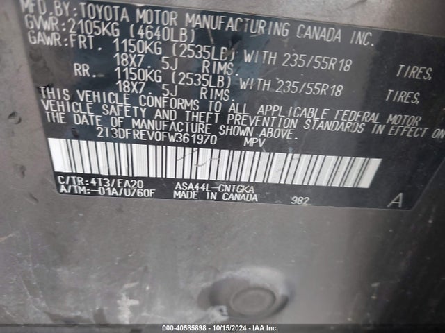 Toyota Rav4 Limited 2015 2T3DFREV0FW361970 Image 9