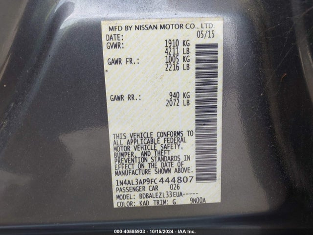 Nissan Altima 2.5 S 2015 1N4AL3AP9FC444807 Image 9