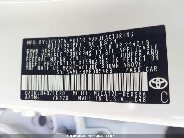 Toyota COROLLA SE 2021 5YFS4MCE8MP085466 Image 9