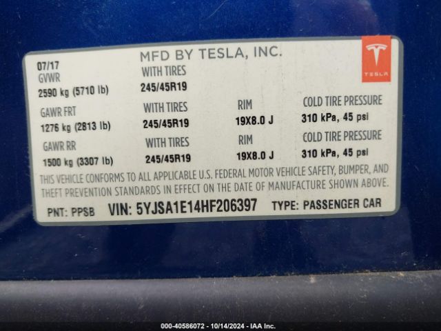 5YJSA1E14HF206397 Tesla Model S 60/75