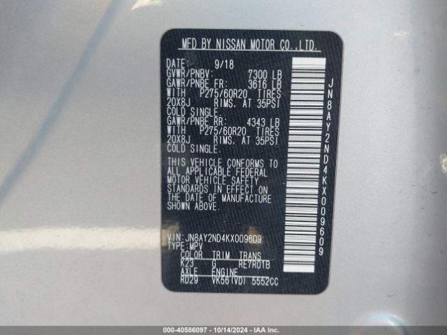 JN8AY2ND4KX009609 Nissan Armada Sl