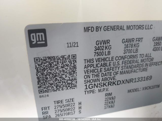 1GNSKRKDXNR133169 Chevrolet Tahoe 4wd Rst