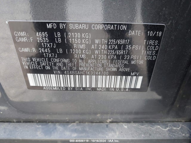 Subaru Outback 2.5i Premium 2019 4S4BSAHC1K3244700 Image 9
