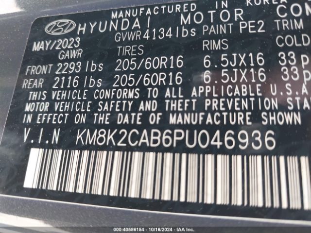 KM8K2CAB6PU046936 Hyundai Kona Se