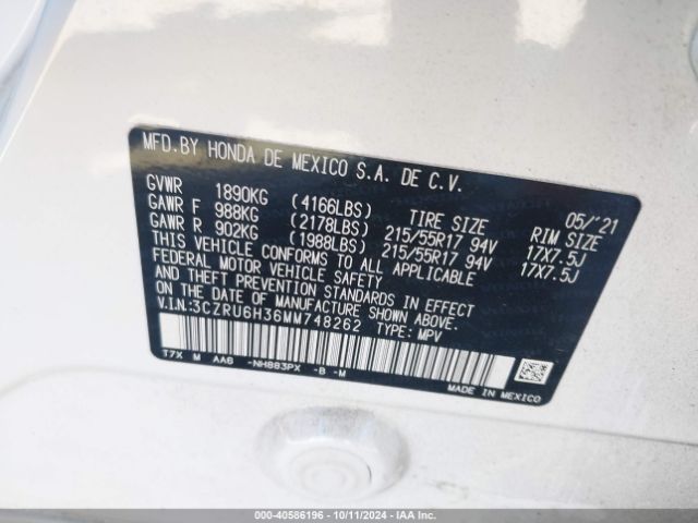 3CZRU6H36MM748262 Honda Hr-v Awd Lx