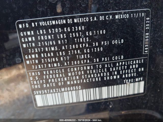 3VV3B7AX2LM066550 Volkswagen Tiguan 2.0t Se/2.0t Se R-line Black/2.0t Sel