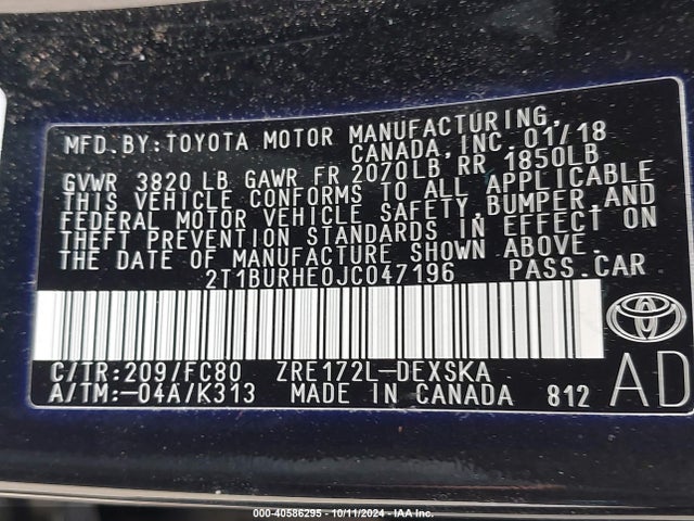 Toyota COROLLA SE 2018 2T1BURHE0JC047196 Image 9