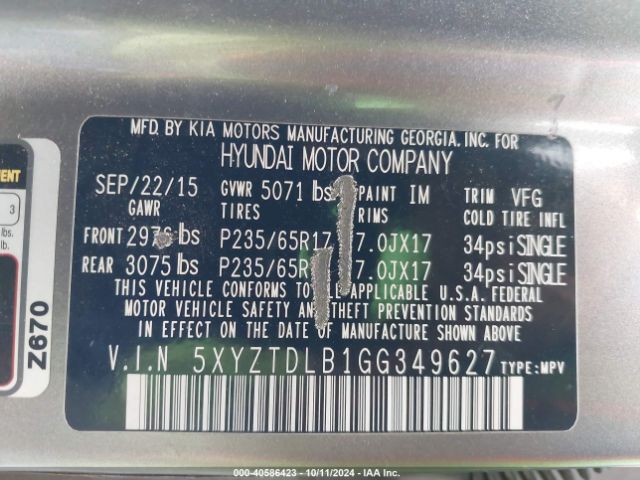 5XYZTDLB1GG349627 Hyundai Santa Fe Sport 2.4l
