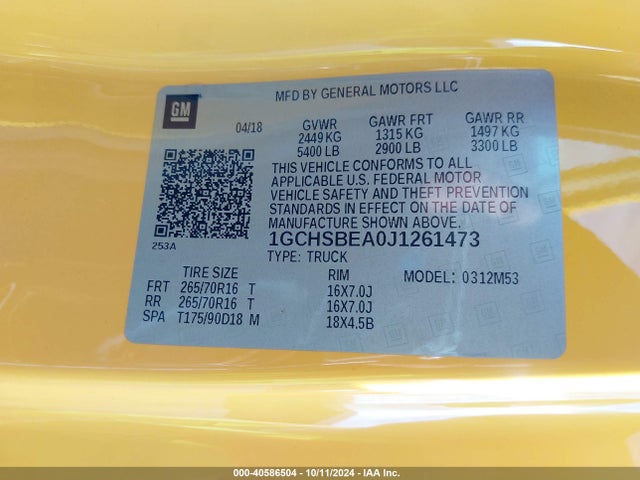 1GCHSBEA0J1261473 Chevrolet Colorado Wt