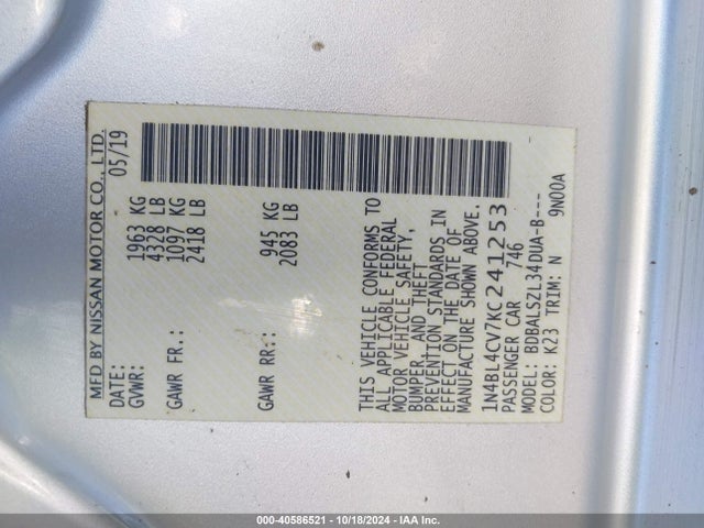 Nissan Altima 2.5 Sr 2019 1N4BL4CV7KC241253 Image 9