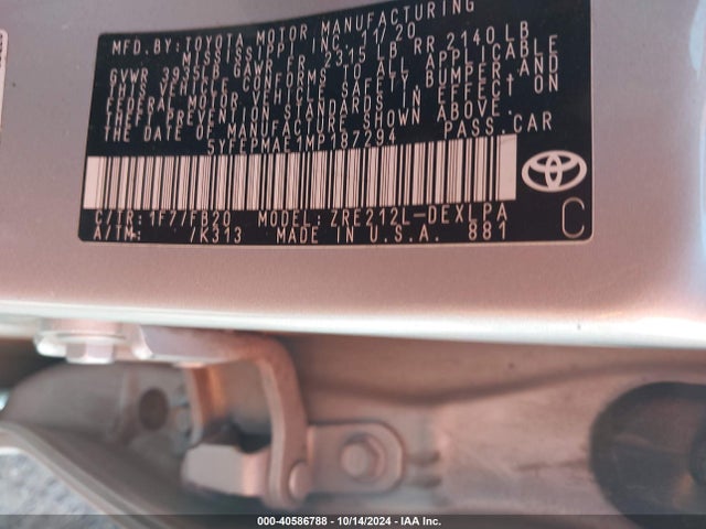 Toyota COROLLA LE 2021 5YFEPMAE1MP187294 Image 9