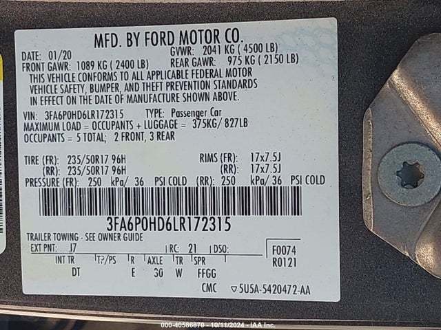 Ford FUSION SE 2020 3FA6P0HD6LR172315 Image 9