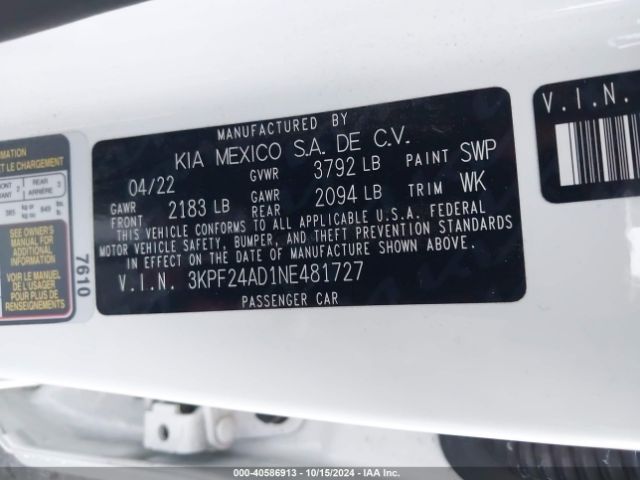 3KPF24AD1NE481727 KIA Forte Lxs