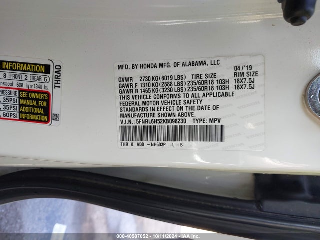 Honda ODYSSEY EX 2019 5FNRL6H52KB098230 Image 9