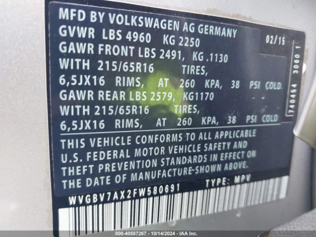 WVGBV7AX2FW580691 Volkswagen TIGUAN S
