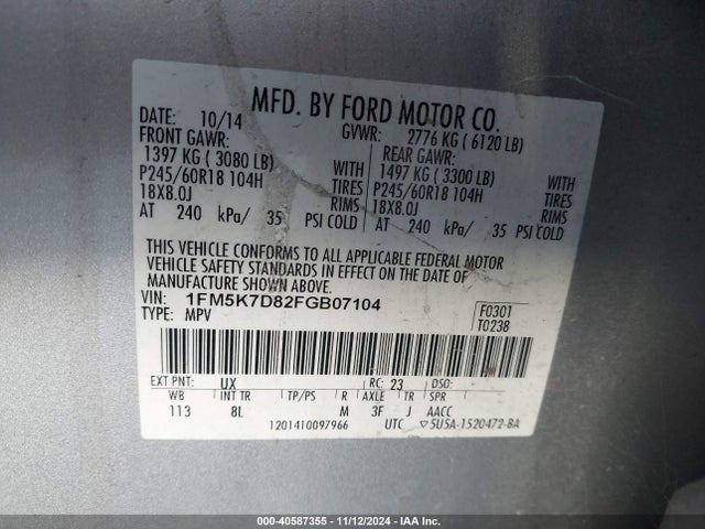 Ford EXPLORER XLT 2015 1FM5K7D82FGB07104 Image 9
