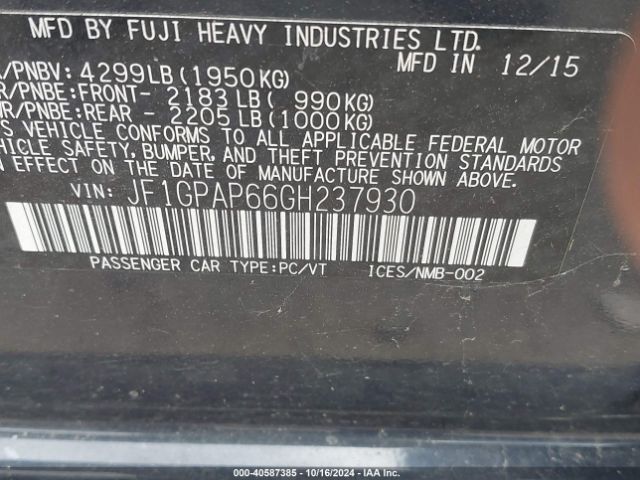 JF1GPAP66GH237930 Subaru Impreza 2.0i Sport Premium
