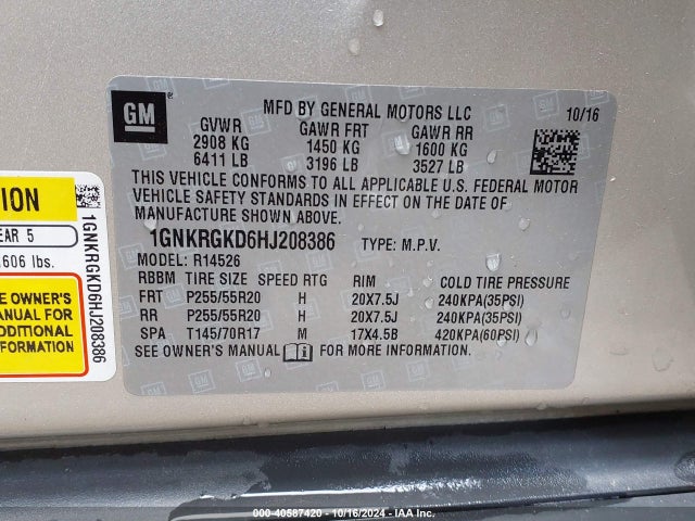 Chevrolet Traverse 1lt 2017 1GNKRGKD6HJ208386 Image 9