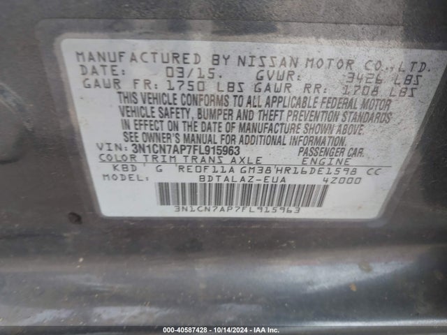 Nissan Versa 1.6 S+ 2015 3N1CN7AP7FL915963 Image 9