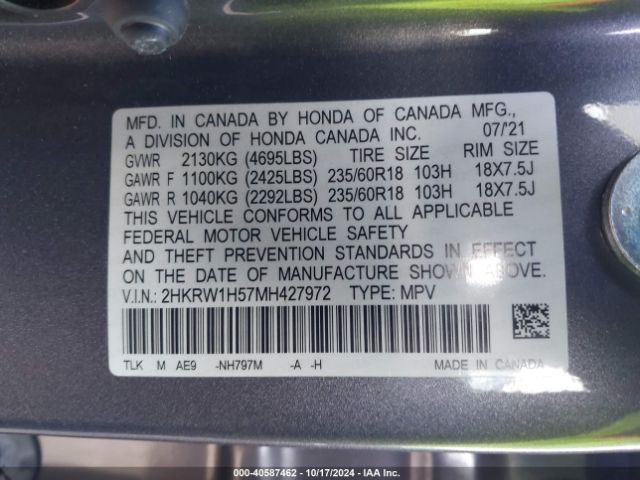 2HKRW1H57MH427972 Honda Cr-v 2wd Ex