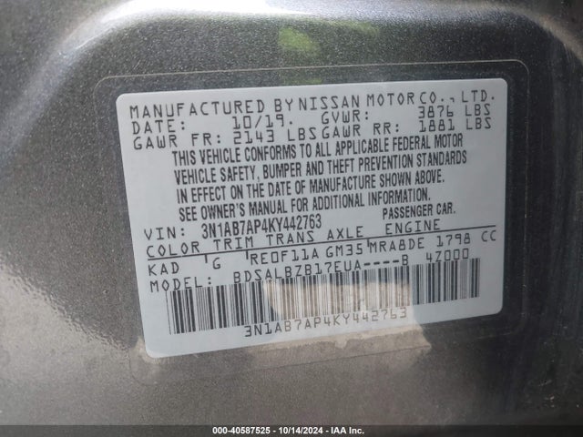Nissan SENTRA S 2019 3N1AB7AP4KY442763 Image 9