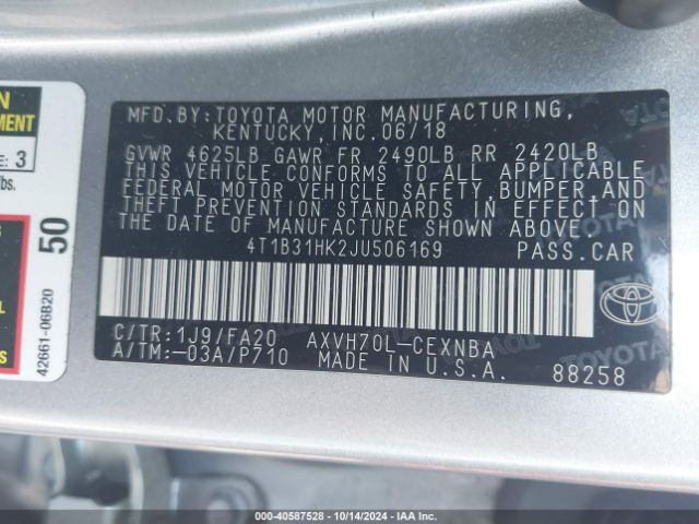 4T1B31HK2JU506169 Toyota Camry Hybrid Le