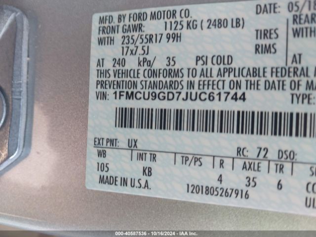 1FMCU9GD7JUC61744 Ford ESCAPE SE
