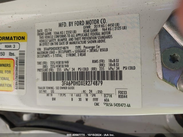 Ford FUSION SE 2014 3FA6P0HDXER274879 Image 9