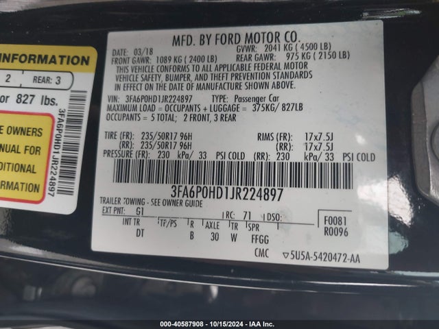 Ford FUSION SE 2018 3FA6P0HD1JR224897 Image 9