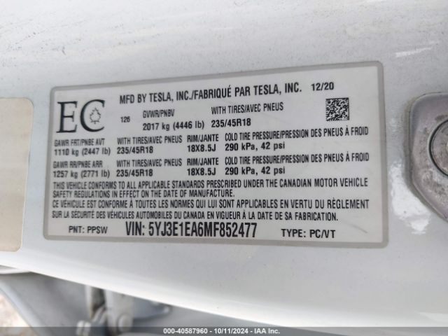 5YJ3E1EA6MF852477 Tesla Model 3 Standard Range Plus Rear-wheel Drive