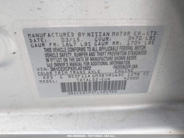 3N1CE2CPXFL421922 Nissan Versa Note S (sr)/s Plus/sl/sr/sv