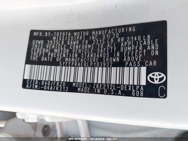 Toyota COROLLA LE 2020 5YFEPRAE0LP103932 Image 9